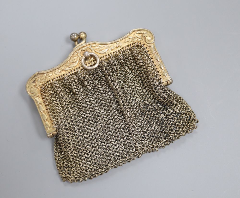 A late Victorian sterling silver double wire mesh purse, with engraved clasp, 87 grams